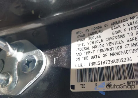 2011 Honda Accord 2.4 Ex из США, поврежденный, VIN 1HGCS1B73BAPP2234